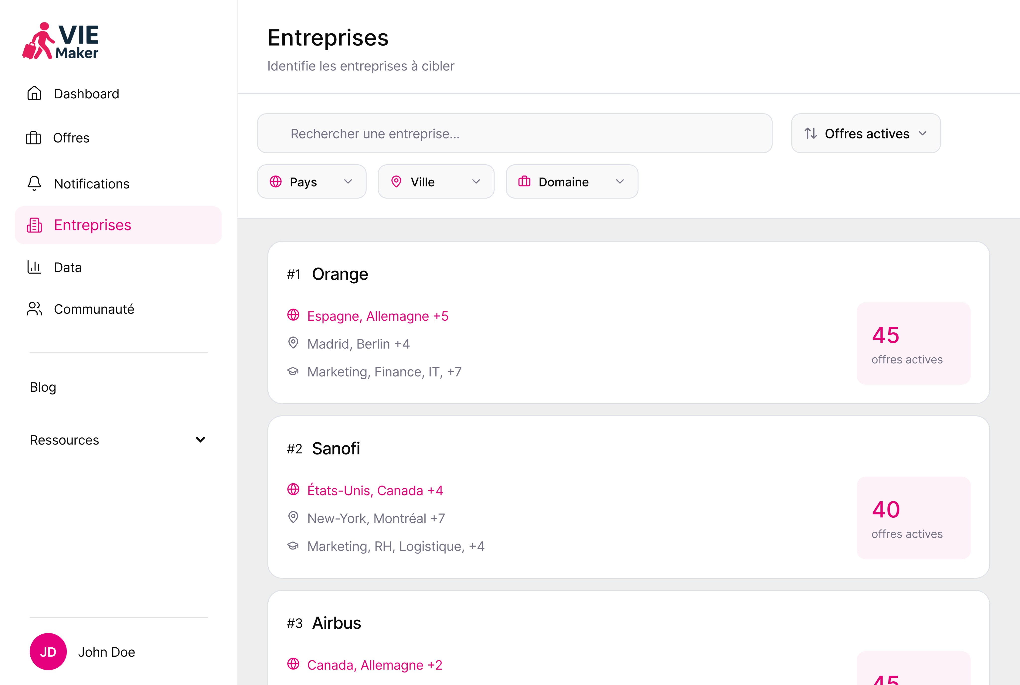 Aperçu de l'espace entreprises VIE Maker