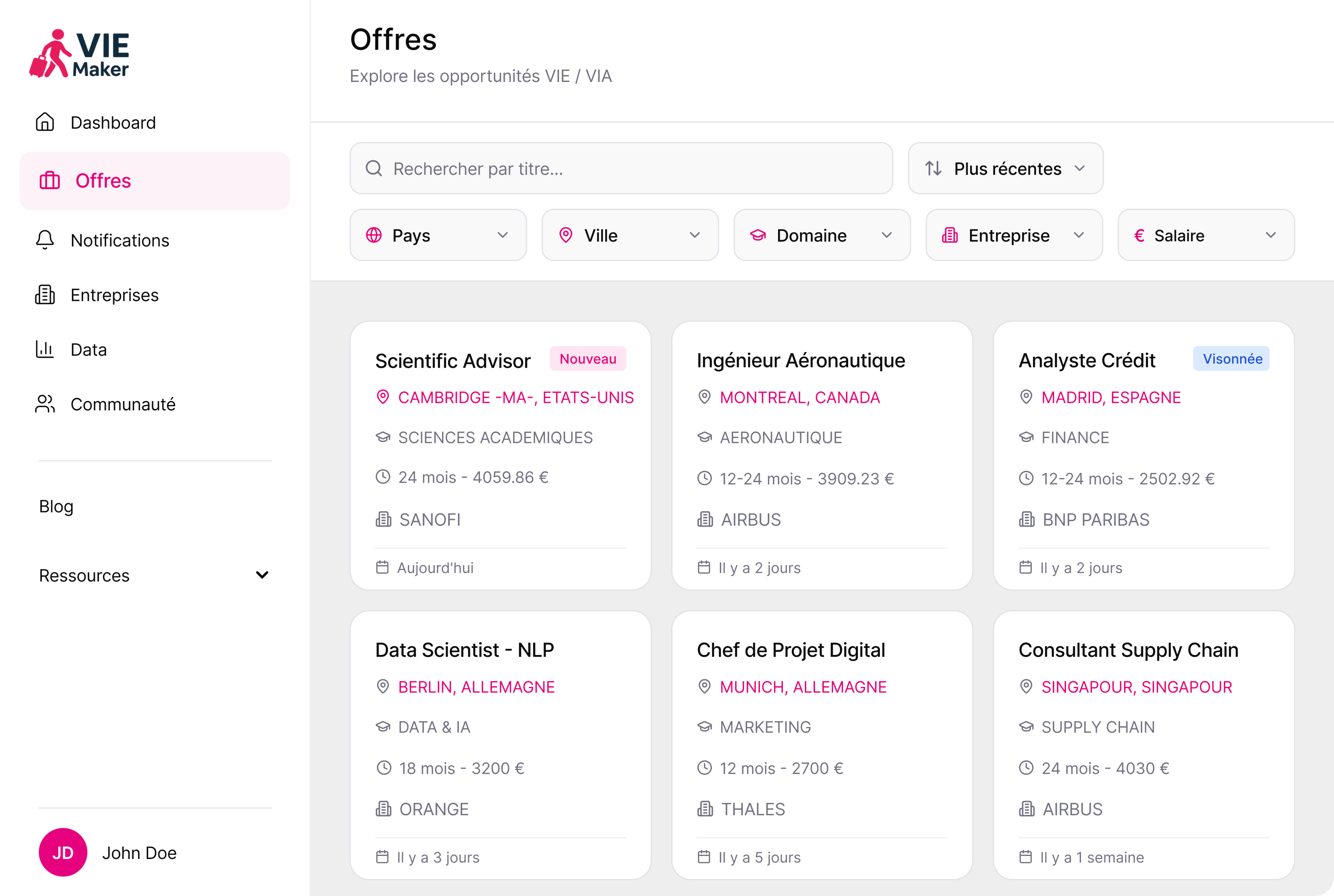 Aperçu de la liste des offres VIE Maker